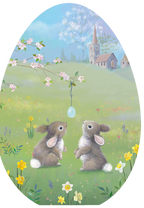 Front cover of a religious Easter greeting card for children, featuring two cute brown bunnies in a vibrant spring meadow with yellow daffodils and wildflowers, gazing at a hanging decorated egg. A quaint church and blossoming trees are visible in the background under a blue sky.