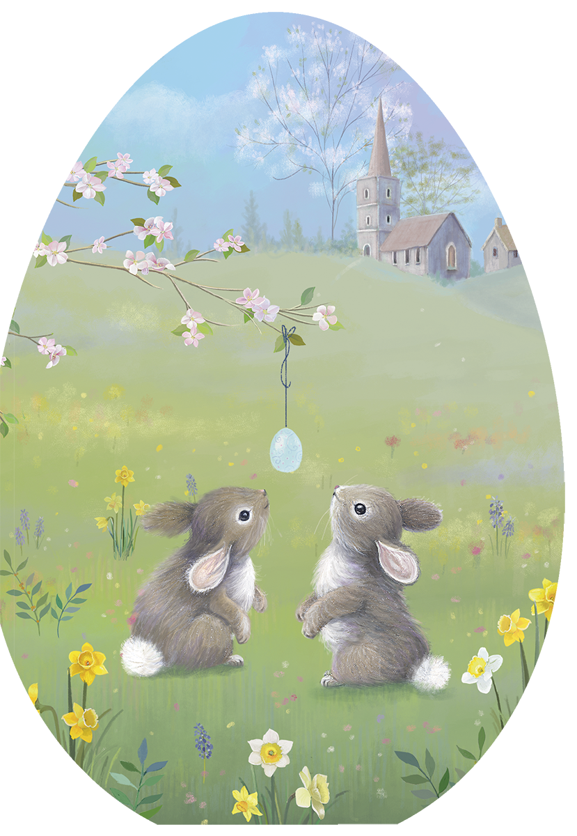 Front cover of a religious Easter greeting card for children, featuring two cute brown bunnies in a vibrant spring meadow with yellow daffodils and wildflowers, gazing at a hanging decorated egg. A quaint church and blossoming trees are visible in the background under a blue sky.