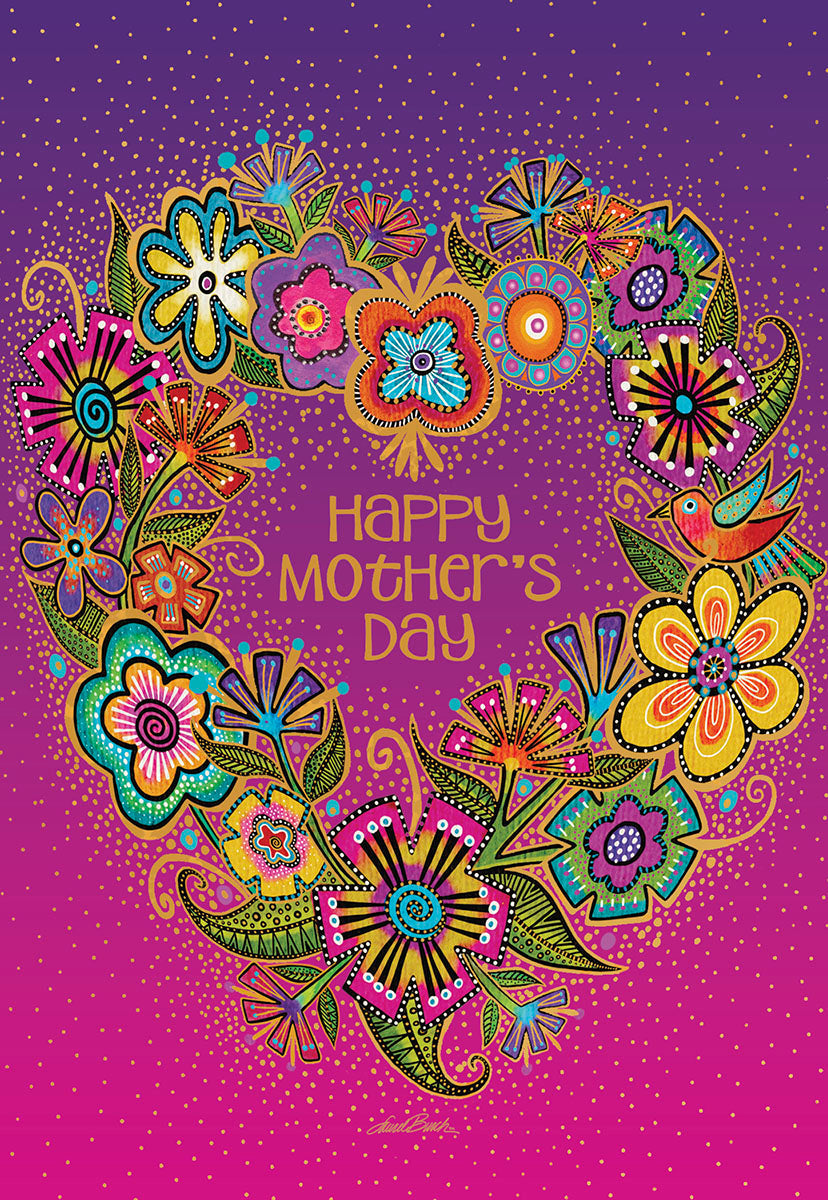 Vibrant floral heart design Mother's Day greeting card with colorful flowers and golden dots on a purple and pink gradient background, front view.