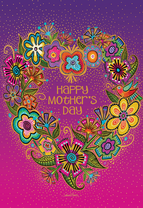 Vibrant floral heart design Mother's Day greeting card with colorful flowers and golden dots on a purple and pink gradient background, front view.