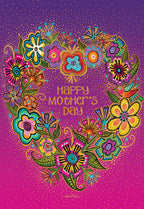 Vibrant floral heart design Mother's Day greeting card with colorful flowers and golden dots on a purple and pink gradient background, front view.