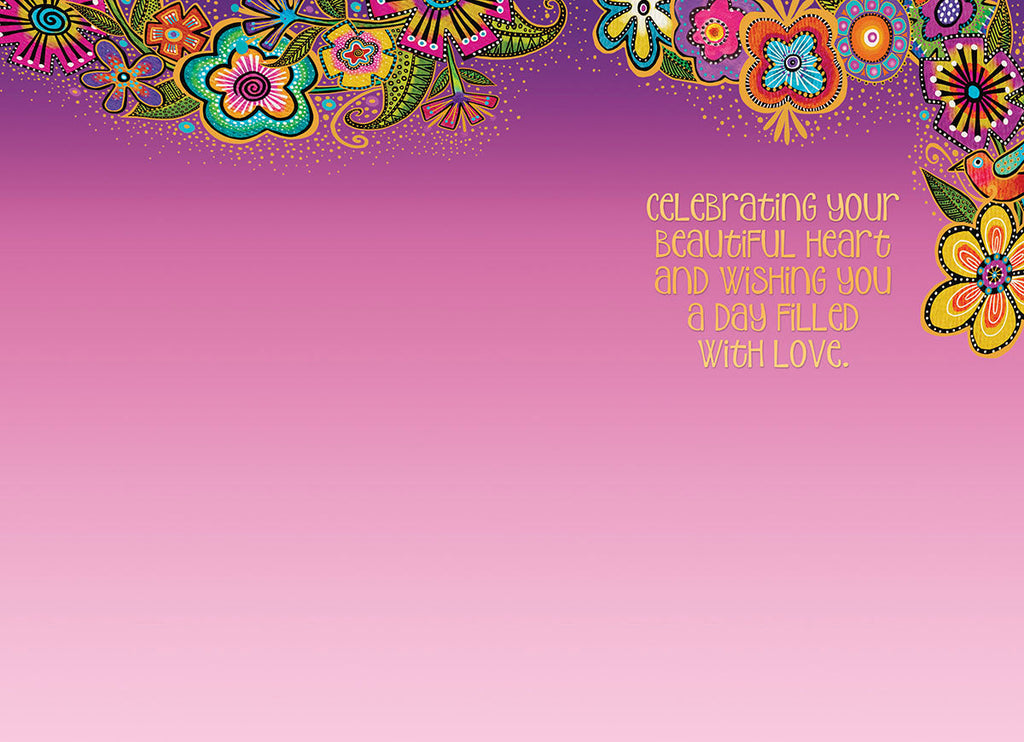 Open Mother's Day greeting card interior featuring a matching vibrant floral border and the message 'Celebrating your beautiful heart and wishing you a day filled with love.' on a pink gradient.