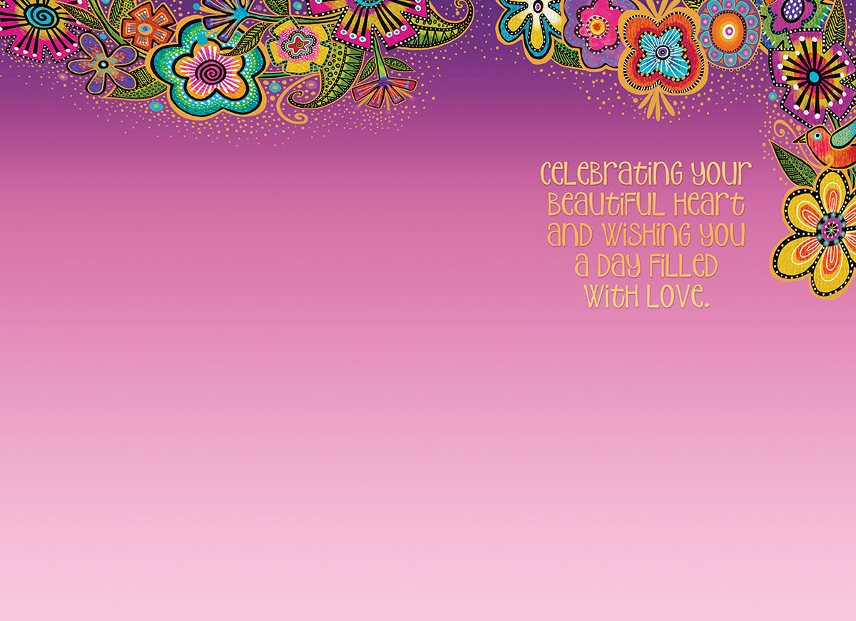 Open Mother's Day greeting card interior featuring a matching vibrant floral border and the message 'Celebrating your beautiful heart and wishing you a day filled with love.' on a pink gradient.