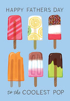 Front of a blue greeting card featuring six vibrant, assorted popsicles and text 'HAPPY FATHERS DAY to the COOLEST POP'.