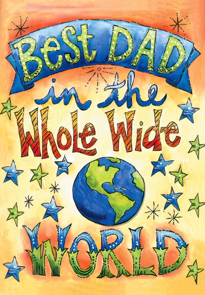 Colorful Father's Day greeting card cover featuring 'Best Dad in the Whole Wide World' in playful, vibrant text with an earth illustration and stars on an orange background.