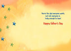 Open Father's Day card interior with a warm yellow background, scattered stars, and the heartfelt message: 'You're the dad everyone wants. but not everyone is lucky enough to have! Happy Father's Day'.