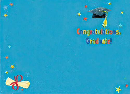 Inside view of a bright blue graduation card displaying 'Congratulations, Graduate!' in playful colorful letters, with a graduation cap, gold stars, and a diploma scroll in the corner. Blank space for a personalized message.