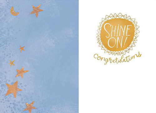 Inside view of an uplifting celebratory card with 'Shine On! Congratulations' in elegant script, surrounded by shimmering gold stars on a light blue backdrop.