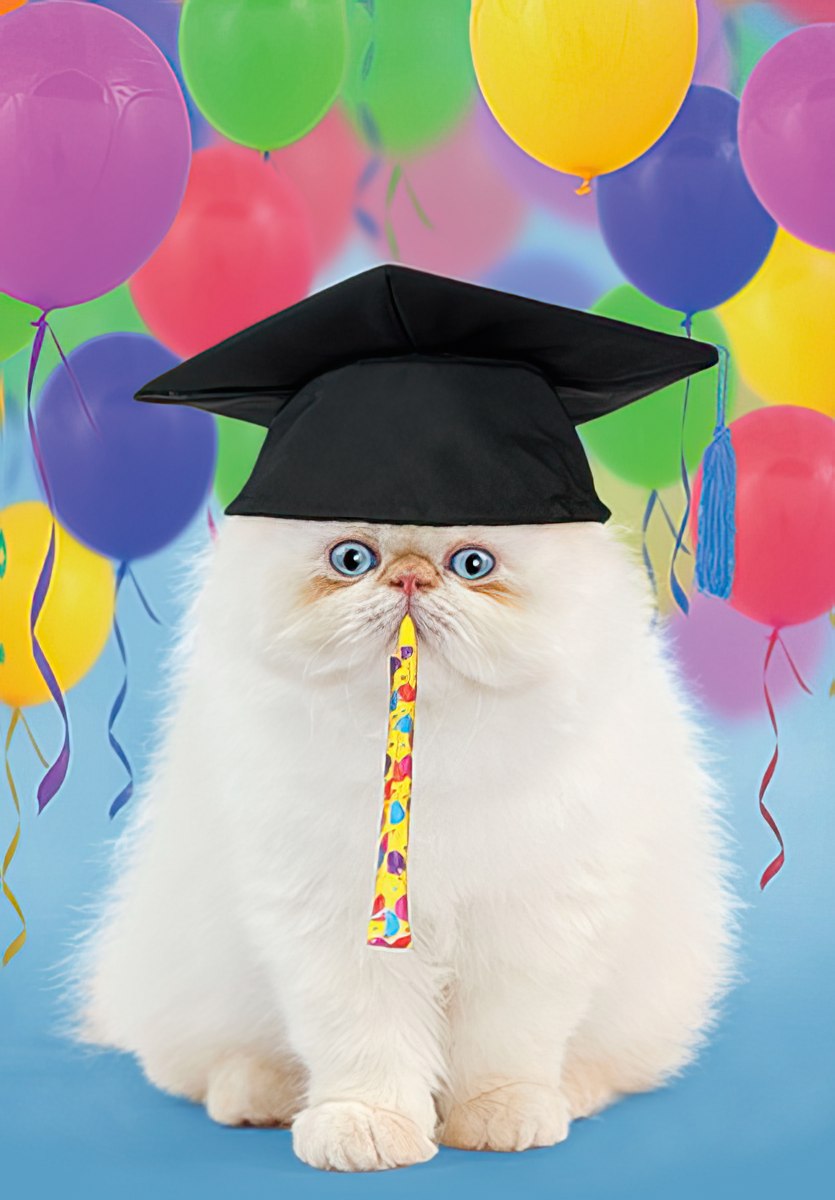 Cute white fluffy cat in a black graduation cap, blowing a party horn, with colorful balloons in the background.