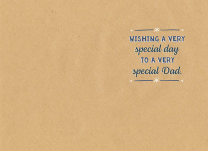 Inside of a kraft paper greeting card with the message 'WISHING A VERY special day TO A VERY special Dad.' in blue text.