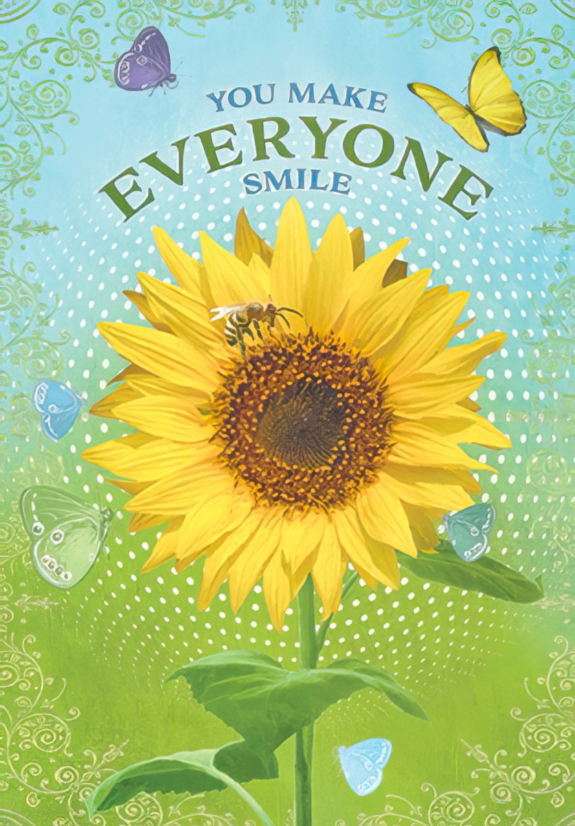 Front of 'You Make Everyone Smile' card with a large sunflower, bee, and butterflies, vibrant green and blue background.