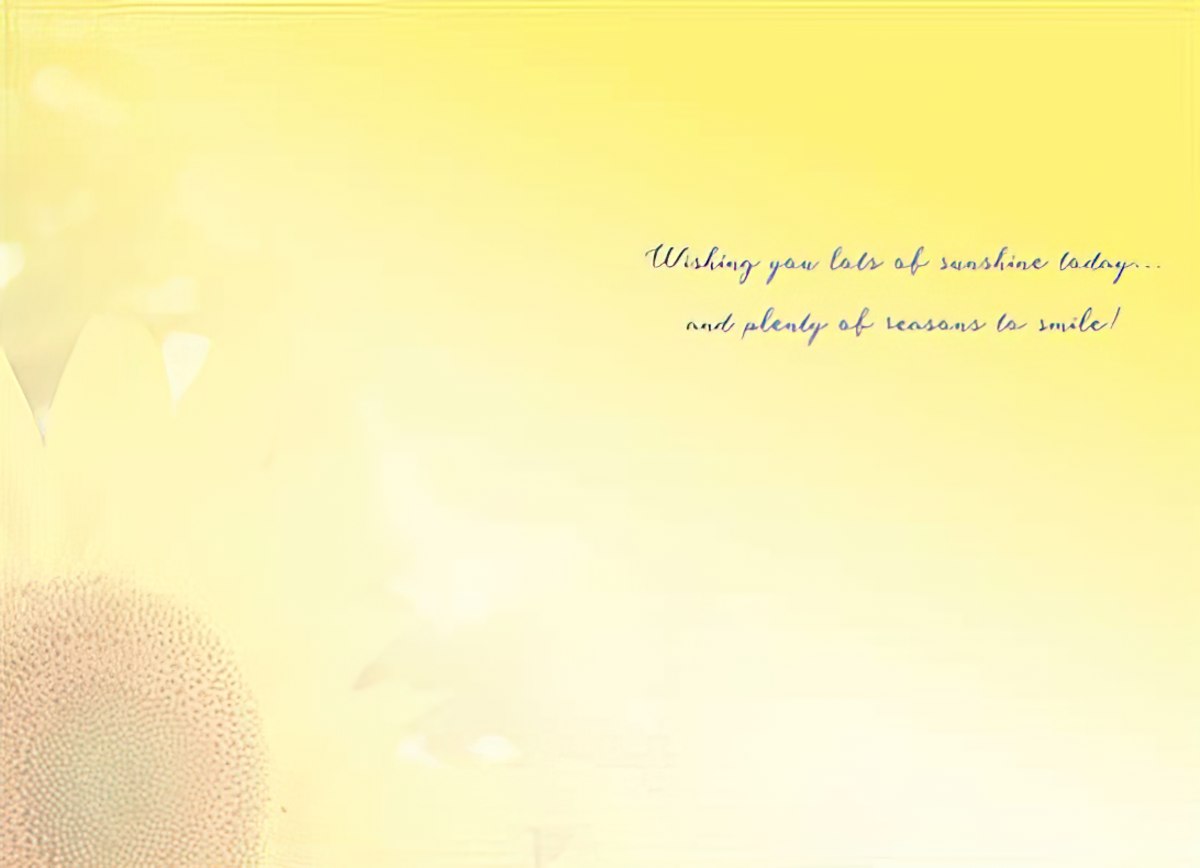 Inside of 'Oh, Happy Day!' card, white planks with bees and sunflowers, cheerful birthday message.