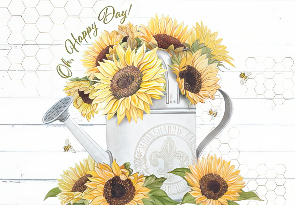 Front of a vibrant 'Happy Birthday' card with a large sunflower and colorful wildflowers on a gingham pattern.