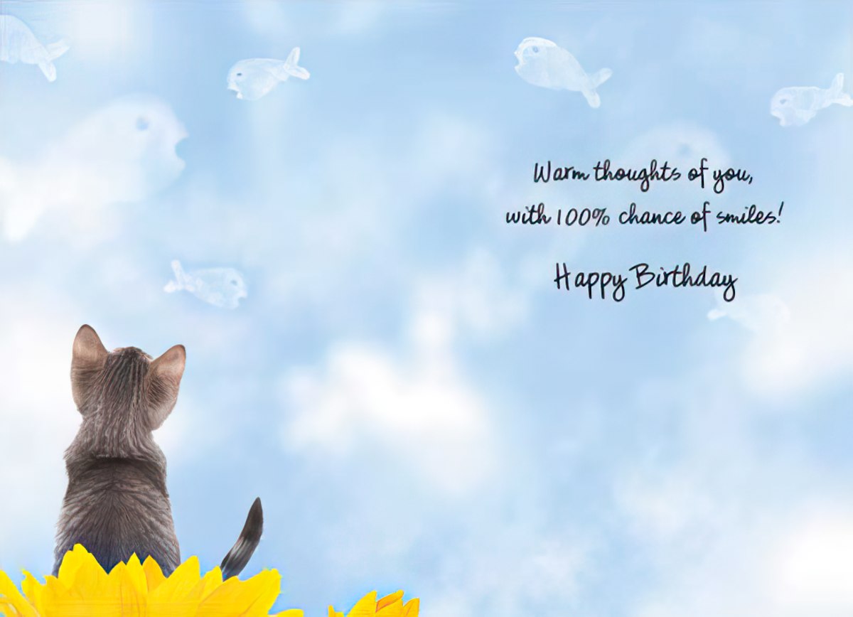 Inside of 'Thoughts of you...' card, yellow stripes with sunflowers and a message about bringing a smile.