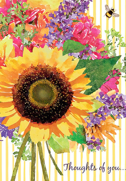 Front of a 'Hello Sunshine' card with bold yellow text framed by a border of watercolor sunflowers on black.