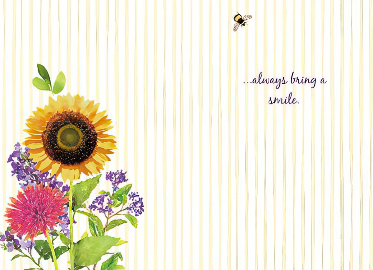 Inside of a 'Hello Sunshine' card, light yellow with a corner sunflower border, providing space for a personal message.