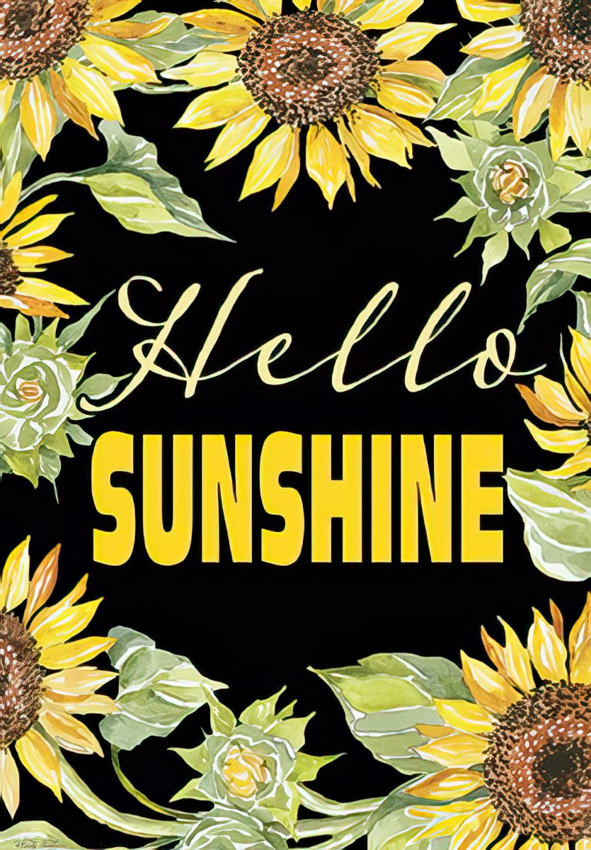 Front of a 'Sunny thoughts of you...' card, a blue vintage truck overflowing with sunflowers against a yellow backdrop.