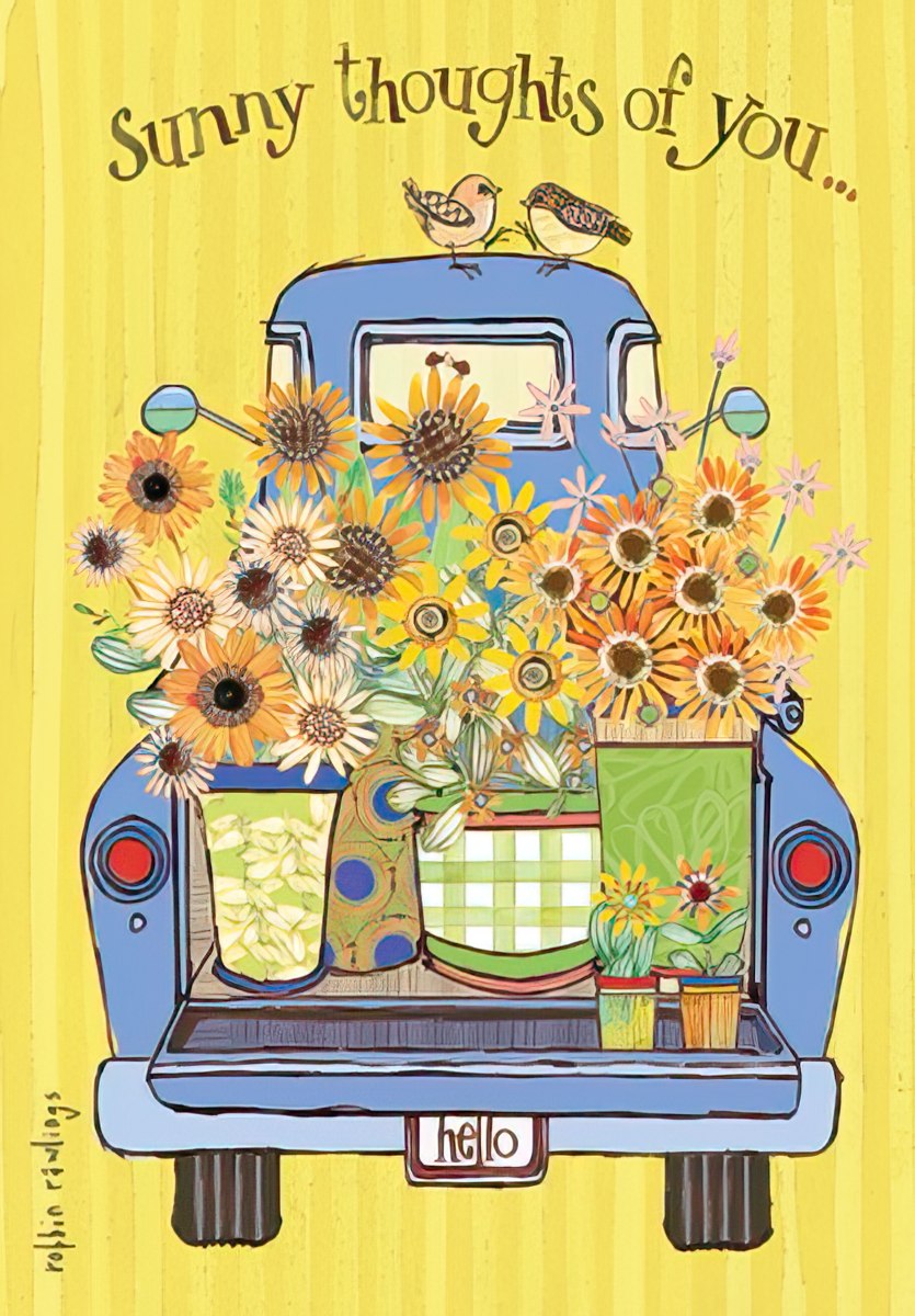 Front of a charming card featuring white rain boots adorned with bees and filled with bright sunflowers.