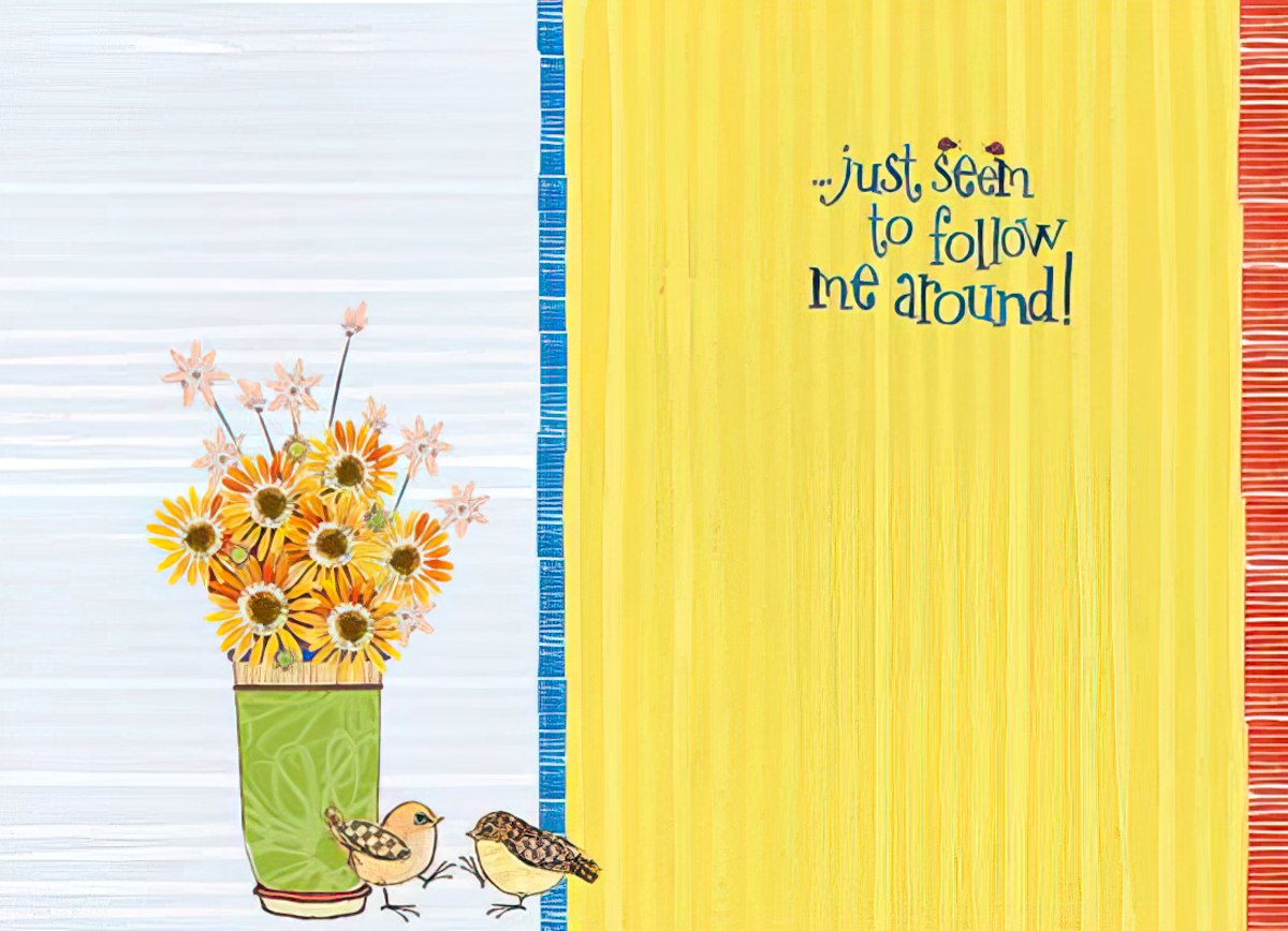 Inside of a sunflower rain boot card, white background with subtle honeycomb pattern and sunflower accents.