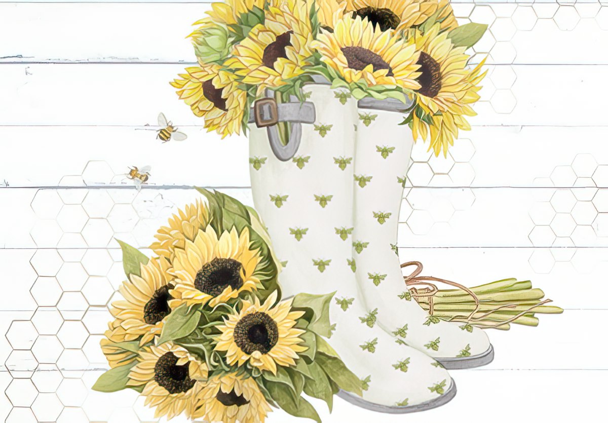Front of a tranquil greeting card featuring a rustic red barn surrounded by a field of blooming sunflowers.