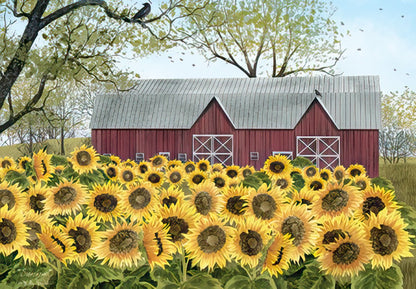 Front of a vibrant card showing a sunflower field at sunset, with a bright orange sky and sunrays.