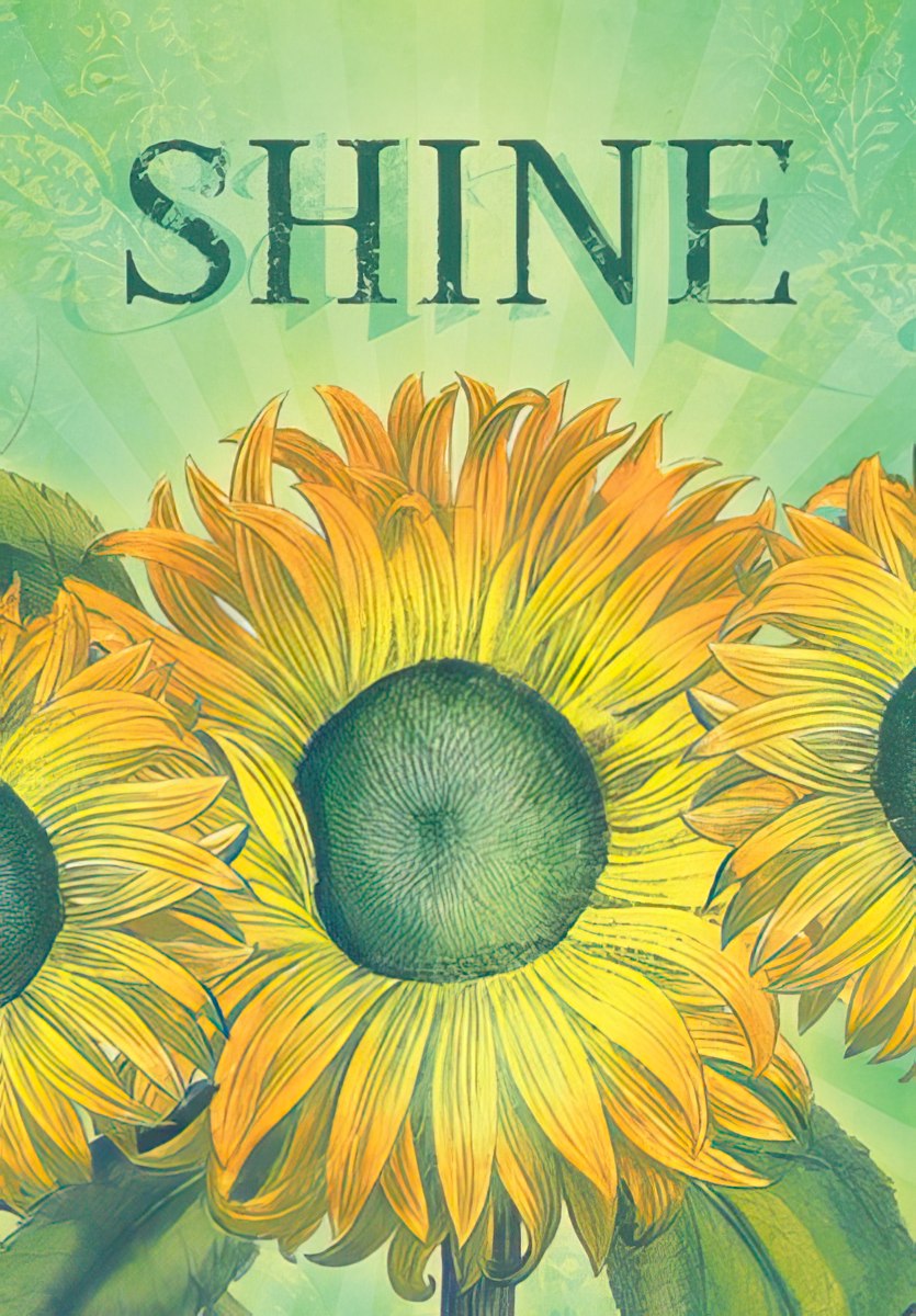 Front of a 'Sending a little sunshine your way' card, close-up of a bright sunflower with glowing text.
