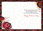 Inside of a heartfelt greeting card, displaying a loving message framed by a border of watercolor red roses and green leaves: 'More than a partner, more than a friend, you're quite simply the best thing that's ever happened to me, and I love you with all of my grateful heart. Happy Valentine's Day'.