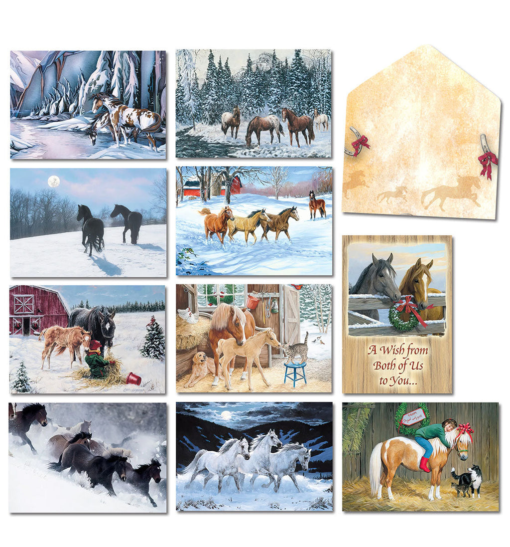 Assortment of nine diverse horse-themed Christmas greeting cards and one envelope. Designs feature horses in snowy landscapes, rustic barn settings, and festive scenes with various horse breeds like pintos, wild mustangs, and foals.