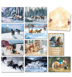 Assortment of nine diverse horse-themed Christmas greeting cards and one envelope. Designs feature horses in snowy landscapes, rustic barn settings, and festive scenes with various horse breeds like pintos, wild mustangs, and foals.