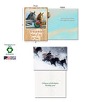 Close-up views of two horse-themed holiday cards. One shows the front (two horses behind a fence with a wreath, 'A Wish from Both of Us to You...') and inside message ('...for a very Merry Christmas and a Happy New Year, too'). The other shows the front (wild horses galloping in snow) and inside message ('Wishing you unbridled happiness this holiday season!'). Also visible are 'Sustainably-Sourced Paper', 'Soy-Based Inks', and 'Made in USA' labels.