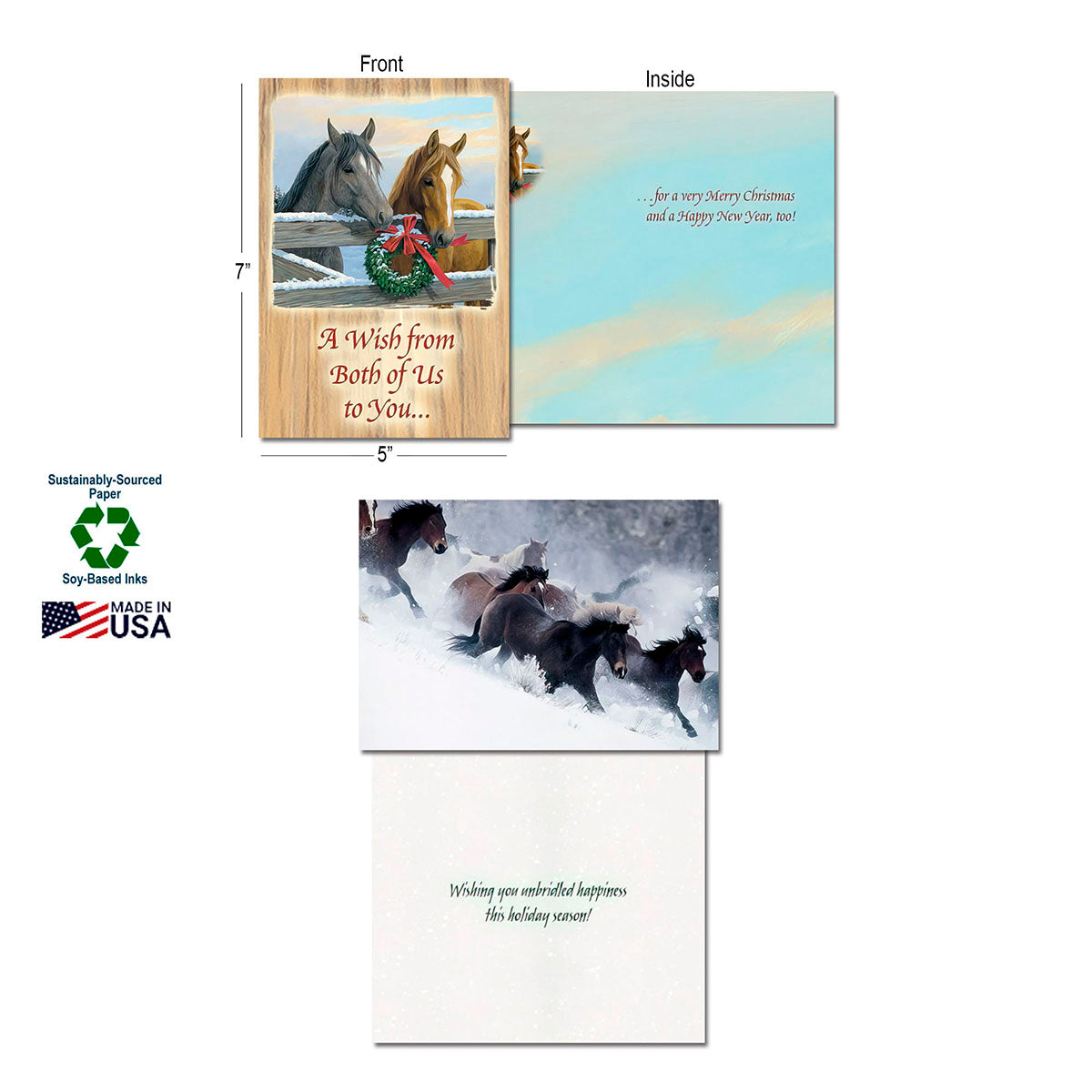 Close-up views of two horse-themed holiday cards. One shows the front (two horses behind a fence with a wreath, 'A Wish from Both of Us to You...') and inside message ('...for a very Merry Christmas and a Happy New Year, too'). The other shows the front (wild horses galloping in snow) and inside message ('Wishing you unbridled happiness this holiday season!'). Also visible are 'Sustainably-Sourced Paper', 'Soy-Based Inks', and 'Made in USA' labels.