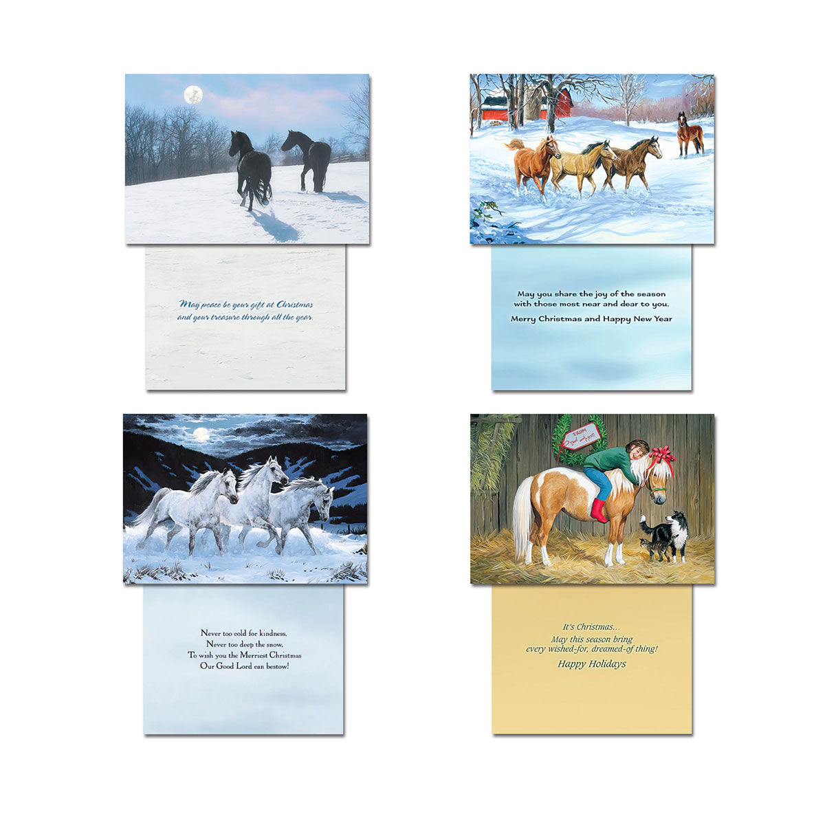 Four distinct horse holiday cards displayed with their open inside messages. Images include black horses under a full moon in snow, brown horses near a red barn, white horses galloping in a snowy forest, and a child with a pony by a decorated stall.