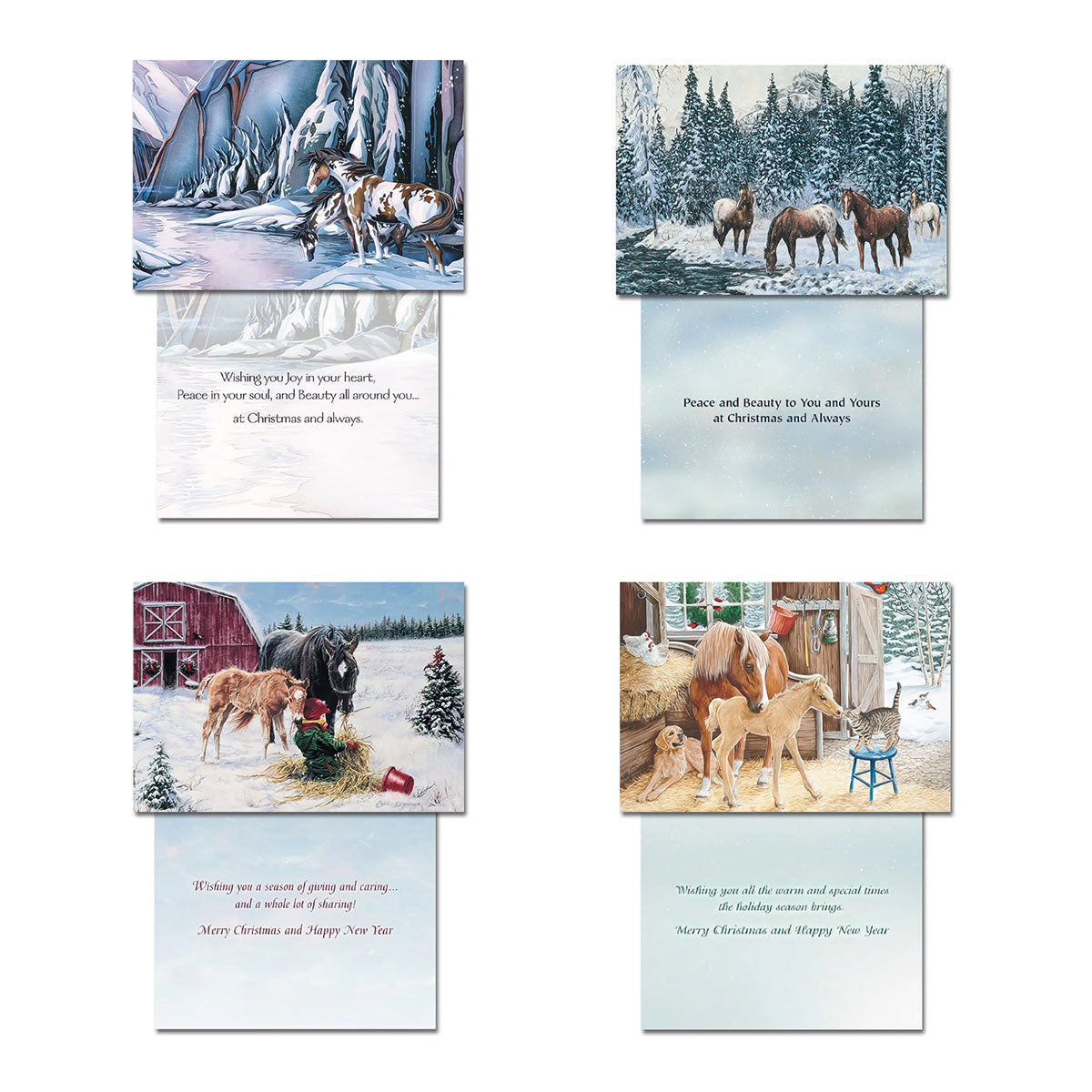 Another four distinct horse holiday cards from the assortment, showcasing diverse winter horse scenes including mares with foals and peaceful barn settings with accompanying holiday greetings.