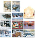 Assortment of nine different horse-themed holiday greeting card fronts and one rustic envelope, featuring winter landscapes and festive equine art. The cards show horses in snow, with wreaths, and alongside other farm animals.