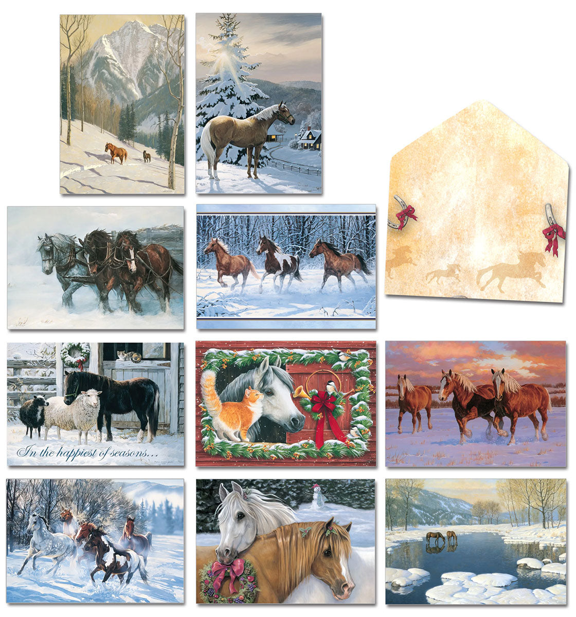 Assortment of nine different horse-themed holiday greeting card fronts and one rustic envelope, featuring winter landscapes and festive equine art. The cards show horses in snow, with wreaths, and alongside other farm animals.