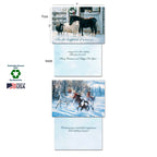 Detail of two Christmas cards: one featuring a black horse and sheep in a stable with 'In the happiest of seasons...' on the front, and another with wild horses in snow with 'Wishing you unbridled happiness' inside. Highlights 'Sustainably-Sourced Paper,' 'Soy-Based Inks,' and 'Made in USA'.
