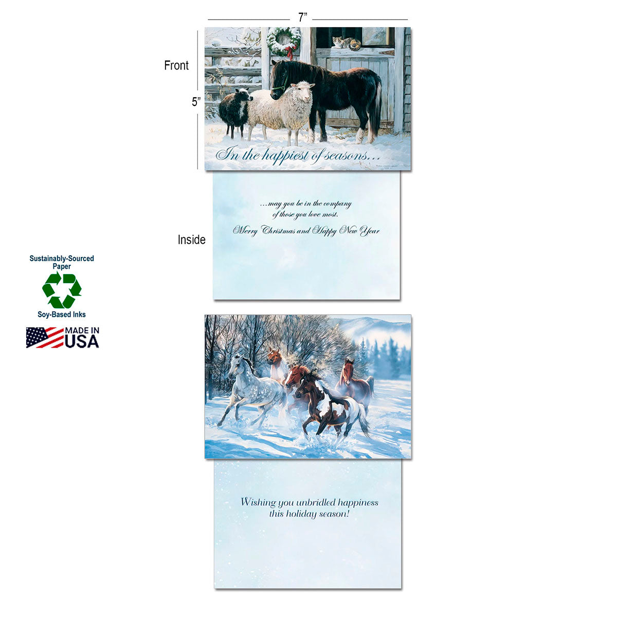 Detail of two Christmas cards: one featuring a black horse and sheep in a stable with 'In the happiest of seasons...' on the front, and another with wild horses in snow with 'Wishing you unbridled happiness' inside. Highlights 'Sustainably-Sourced Paper,' 'Soy-Based Inks,' and 'Made in USA'.