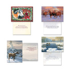 Four distinct horse-themed holiday greeting card fronts with their corresponding interior messages. Images include a horse and cat in a festive stable, horses in a snowy field at sunset, a solitary horse in a snowy mountain scene, and horses by a frozen lake.