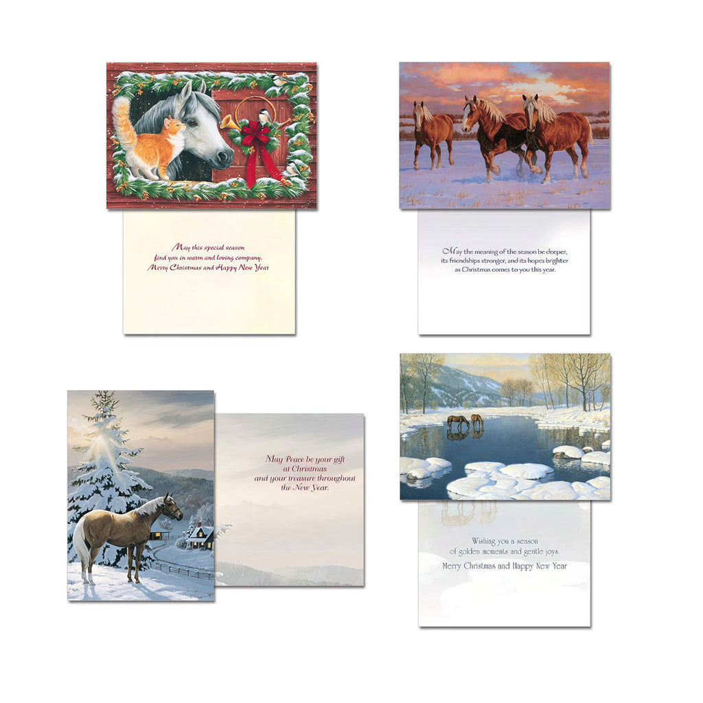 Four distinct horse-themed holiday greeting card fronts with their corresponding interior messages. Images include a horse and cat in a festive stable, horses in a snowy field at sunset, a solitary horse in a snowy mountain scene, and horses by a frozen lake.
