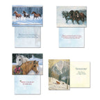 Four open Christmas cards showing front artwork and heartfelt holiday messages. Scenes feature horses running through snow, draft horses pulling, two horses with a winter wreath, and a horse with foal in a snowy mountain landscape.