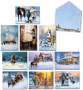 Assortment of ten Western-themed holiday greeting cards featuring cowboys, horses, snowy landscapes, a mercantile, church, and joyful winter scenes, plus a snowflake-patterned envelope.