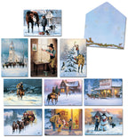 Assortment of ten Western-themed holiday greeting cards featuring cowboys, horses, snowy landscapes, a mercantile, church, and joyful winter scenes, plus a snowflake-patterned envelope.