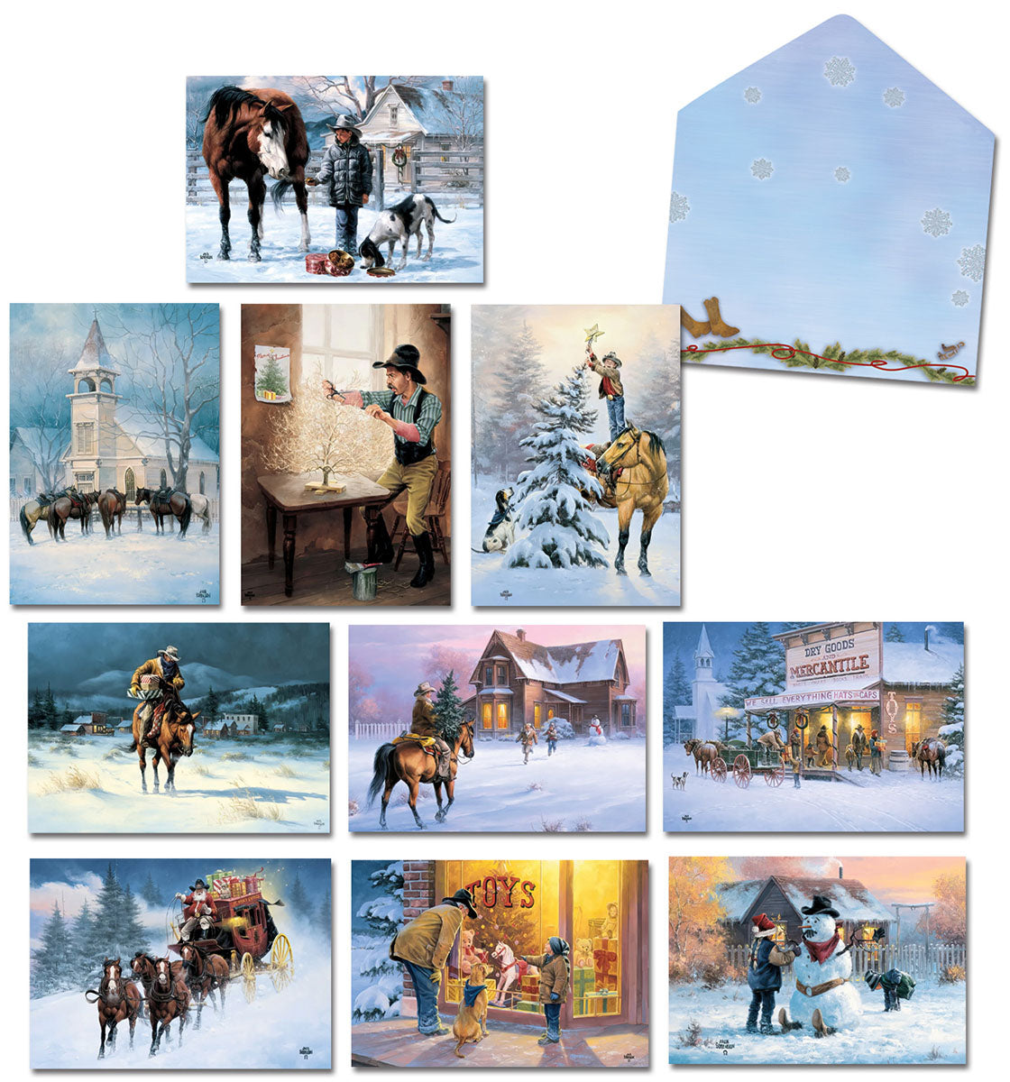 Assortment of ten Western-themed holiday greeting cards featuring cowboys, horses, snowy landscapes, a mercantile, church, and joyful winter scenes, plus a snowflake-patterned envelope.