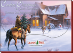 Western holiday greeting card box featuring a cowboy on horseback carrying a pine tree, children playing in snow, a snowman, and a rustic house, titled 'Cowboy Christmas by Jack Sorenson'.
