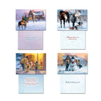 Collection of assorted Western holiday card designs and their interior messages, including scenes of a man with a horse, a family at a house, a child looking in a toy shop, and building a snowman.