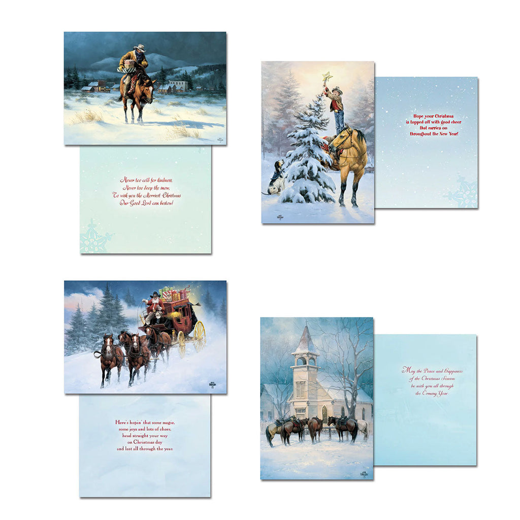 Four additional Western holiday greeting cards showing their front designs and inside messages: a cowboy riding through snow, a cowboy decorating a tree from horseback, a festive stagecoach, and a church with horses in a snowy landscape.