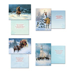 Four additional Western holiday greeting cards showing their front designs and inside messages: a cowboy riding through snow, a cowboy decorating a tree from horseback, a festive stagecoach, and a church with horses in a snowy landscape.