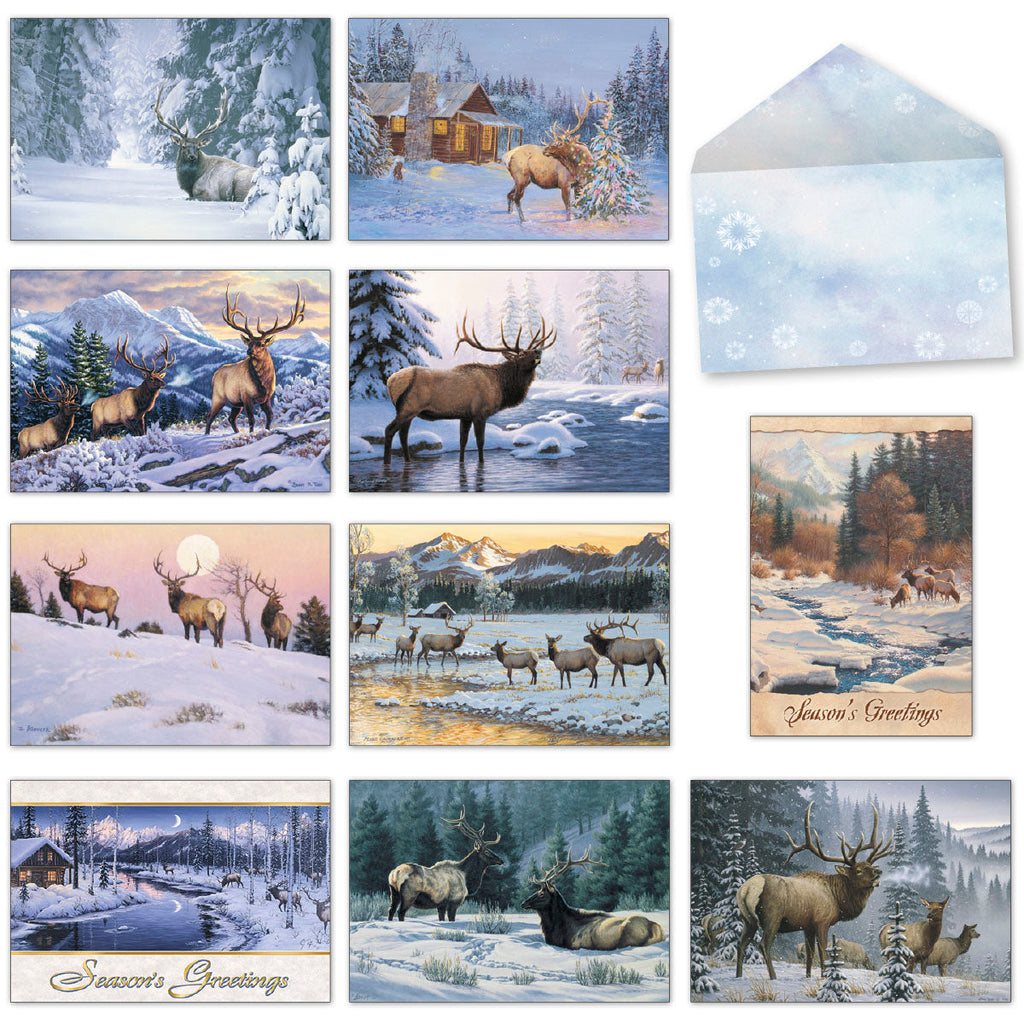 Assortment of nine nature-themed holiday greeting cards featuring various majestic elk in snowy winter landscapes, alongside a light blue envelope with white snowflake designs. Perfect for sending seasonal greetings.
