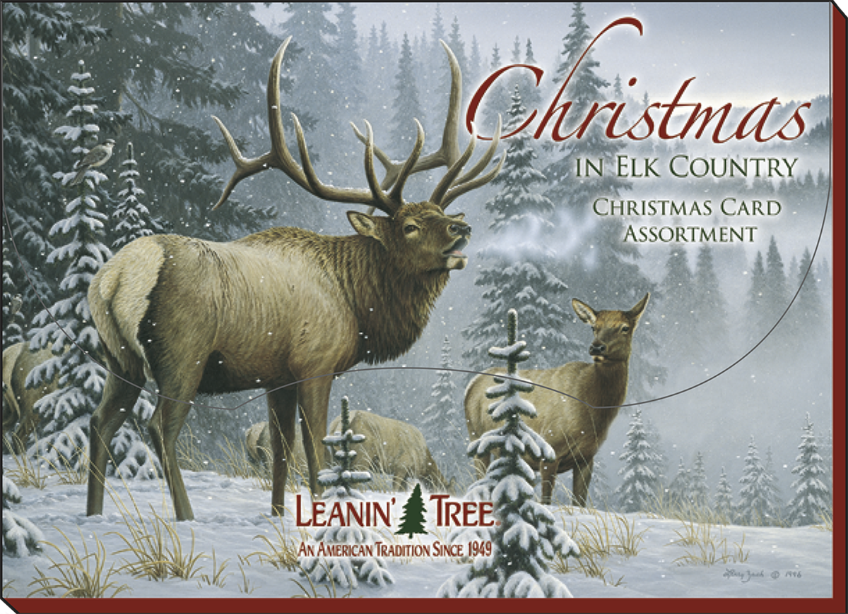 Box cover for 'Christmas in Elk Country Christmas Card Assortment' by Leanin' Tree, showing a large bull elk and a smaller cow elk standing in a snowy forest with pine trees during winter.
