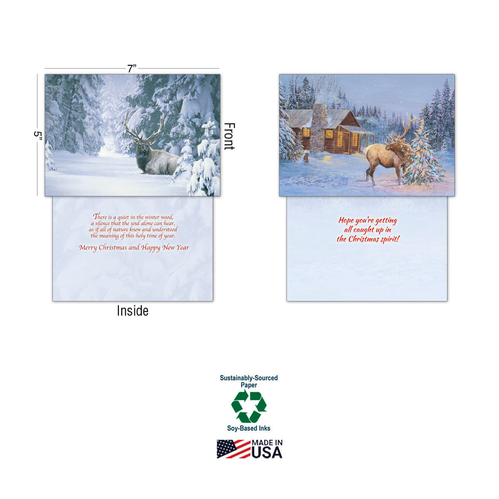 Two examples of holiday greeting cards, front and inside views. One card features an elk in a snowy forest with trees, the other shows an elk by a festive cabin. Includes card dimensions (5x7 inches) and logos for 'Sustainably-Sourced Paper,' 'Soy-Based Inks,' and 'Made in USA'.